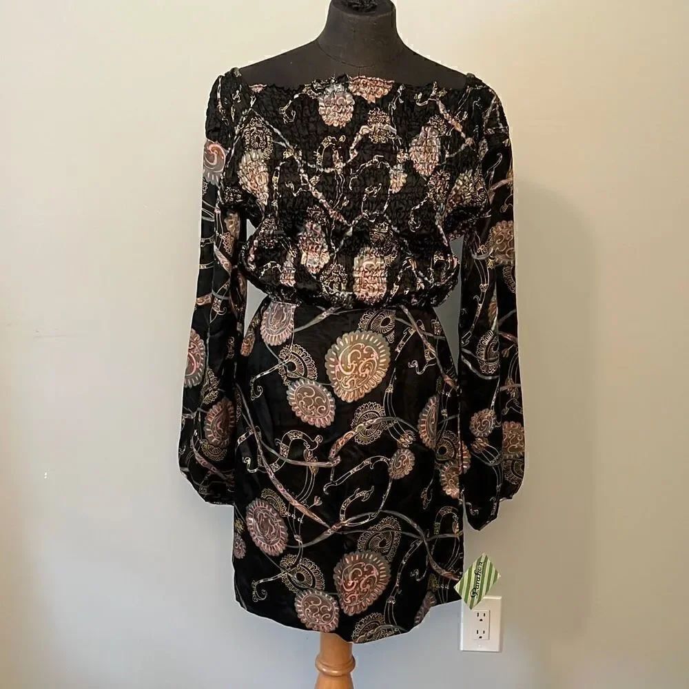 Parahan Boutique Women's Black Boho Off the Shoulder Smocked Dress Medium NWT